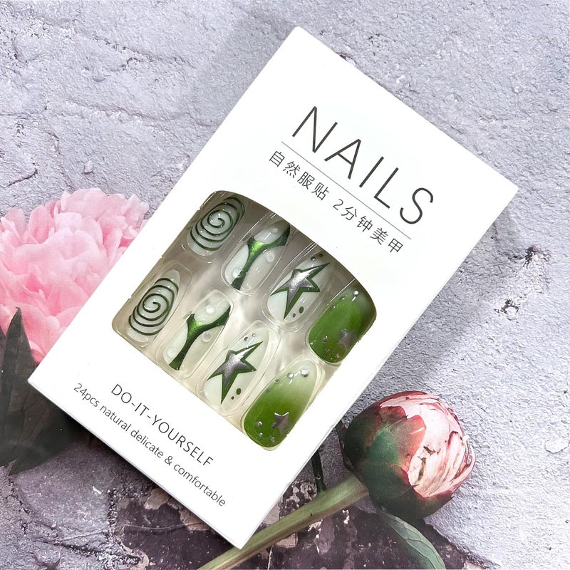 CJDLTS Press on Nails Medium Almond Shaped Artificial Acrylic Nails French 3D Gradient Silver Star with Steel Balls Stick on Nail Full Cover Glue on Nail Artificial Fingernails for Women Manicure - Image 5